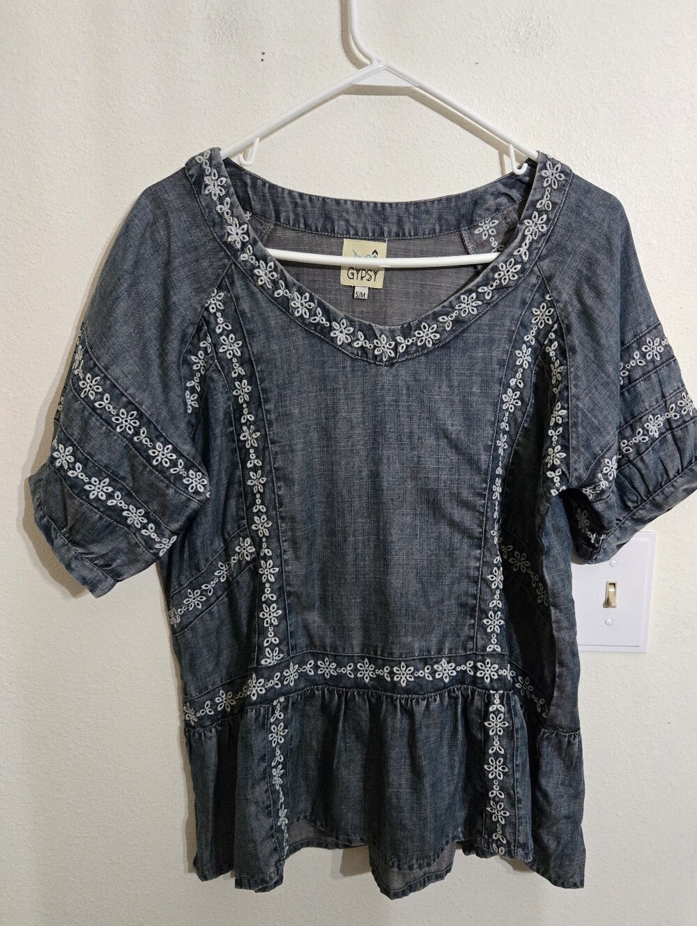 Gypsy Embroidered Chambray Peplum Top - Blue